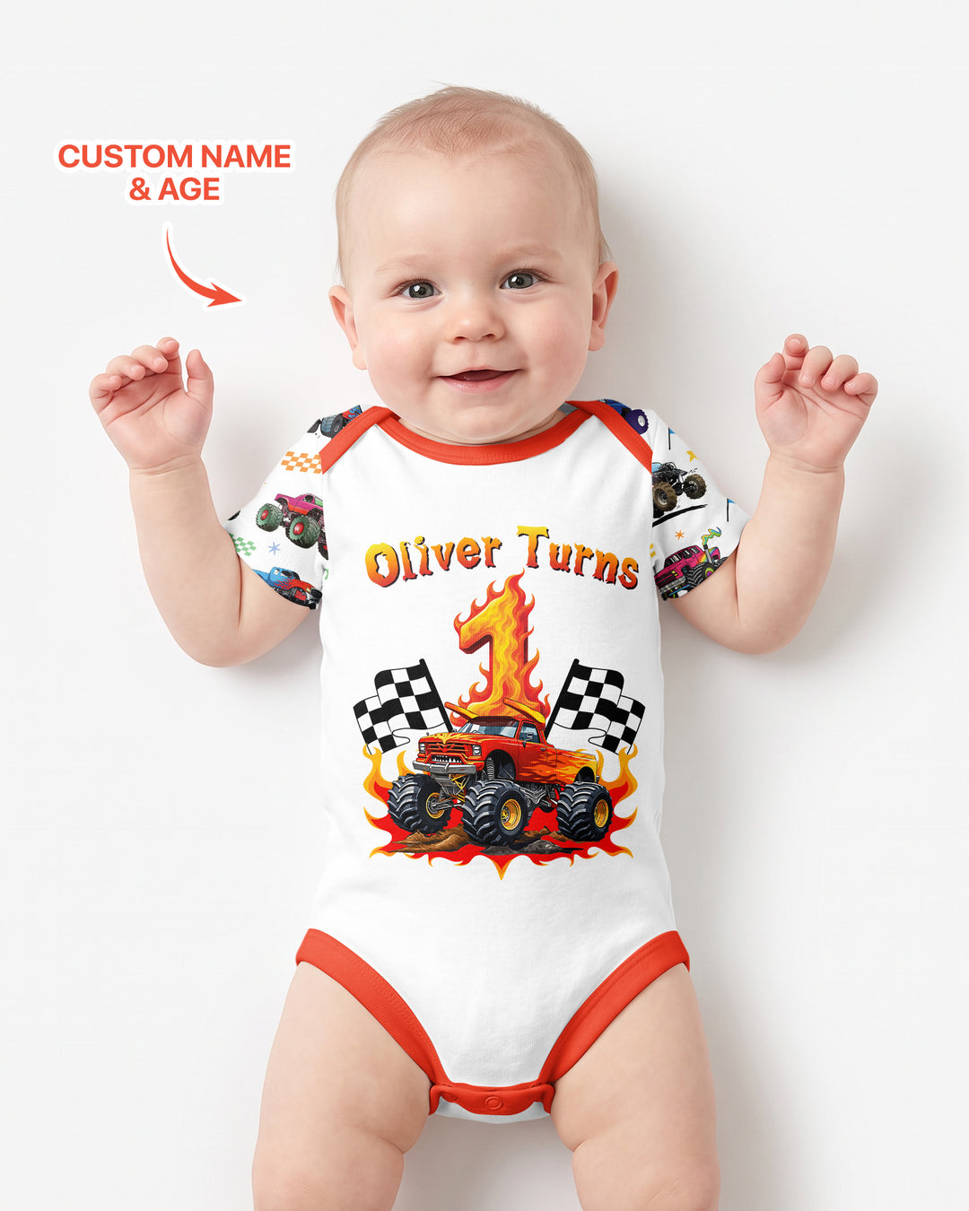 Monster Truck Birthday Boy Custom Name Bamboo Bodysuit