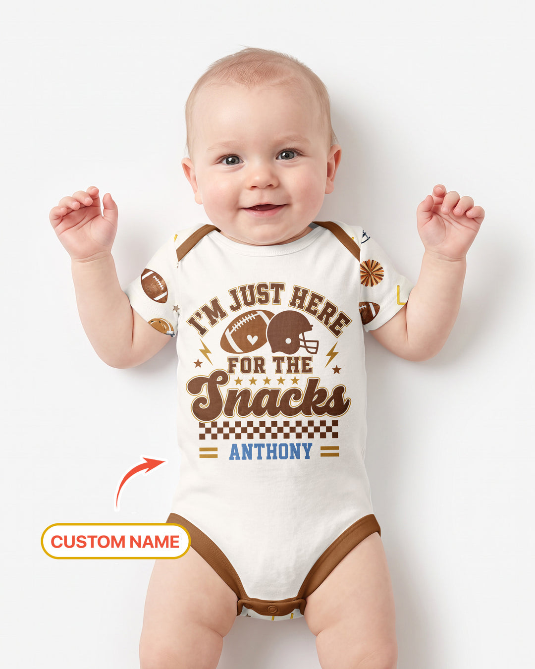Custom Name Football I'm Just Here For The Snacks Bamboo Bodysuit