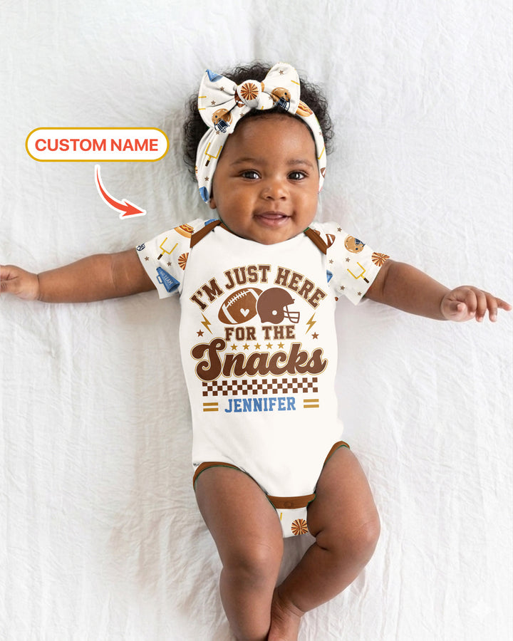 Custom Name Football I'm Just Here For The Snacks Bamboo Bodysuit