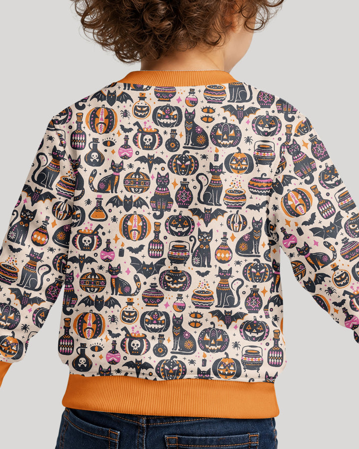Whimsical Tribal Retro Halloween Black Cats Pumpkins Bamboo Crewneck Sweatshirt