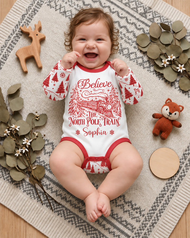 Custom Name North Pole Train Bamboo Bodysuit