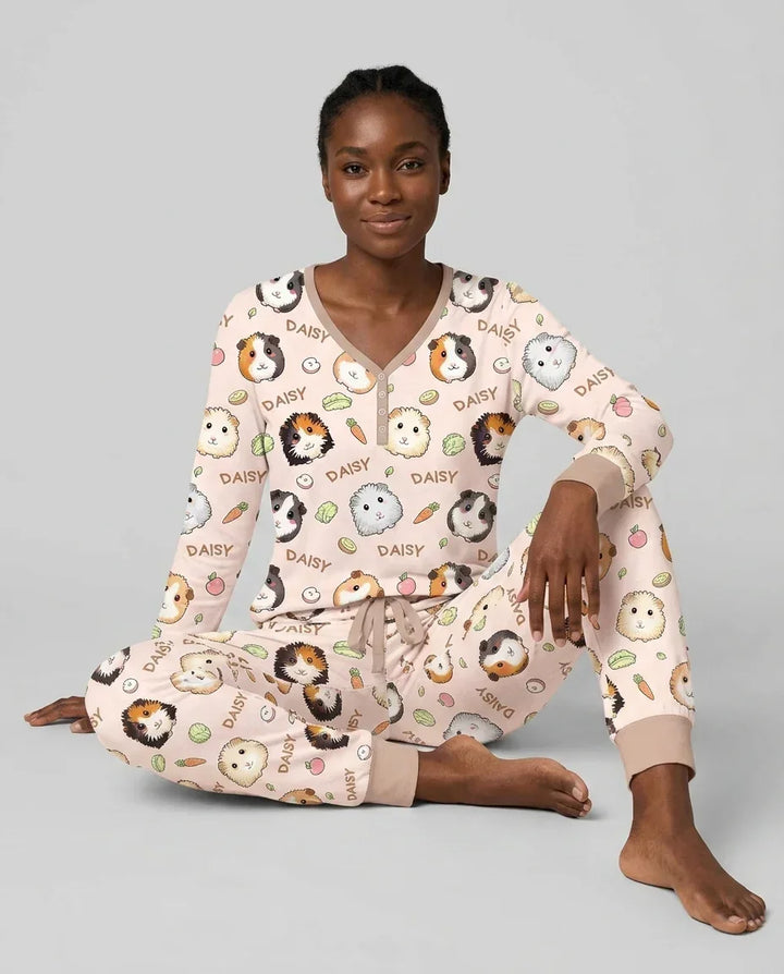 Individueller Name Süße Meerschweinchen Bambus Pyjama-Set für Damen