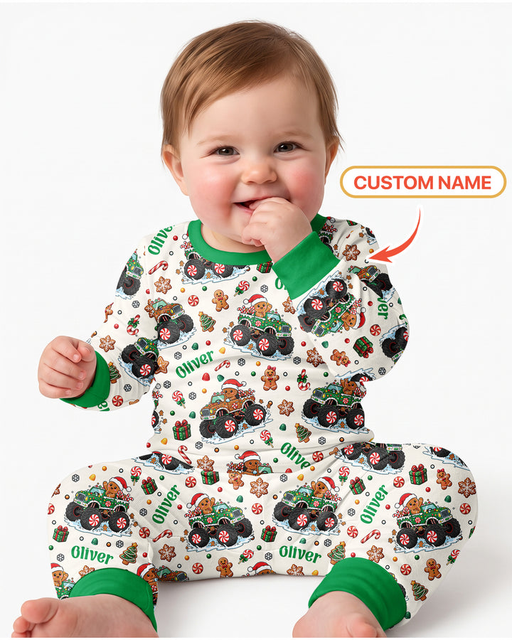 Custom Name Monster Truck Gingerbread Bamboo Two Piece Long Sleeve Pajama Set