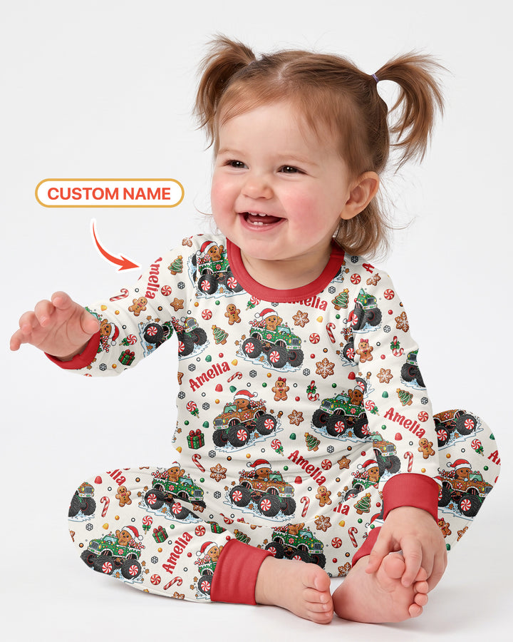 Custom Name Monster Truck Gingerbread Bamboo Two Piece Long Sleeve Pajama Set