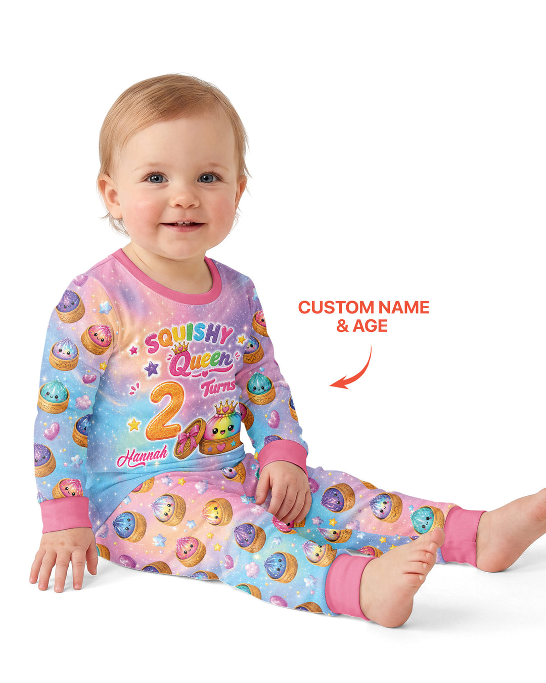 Glitter Dumpling Birthday Girl Custom Name & Age Bamboo Two Piece Long Sleeve Pajama Set