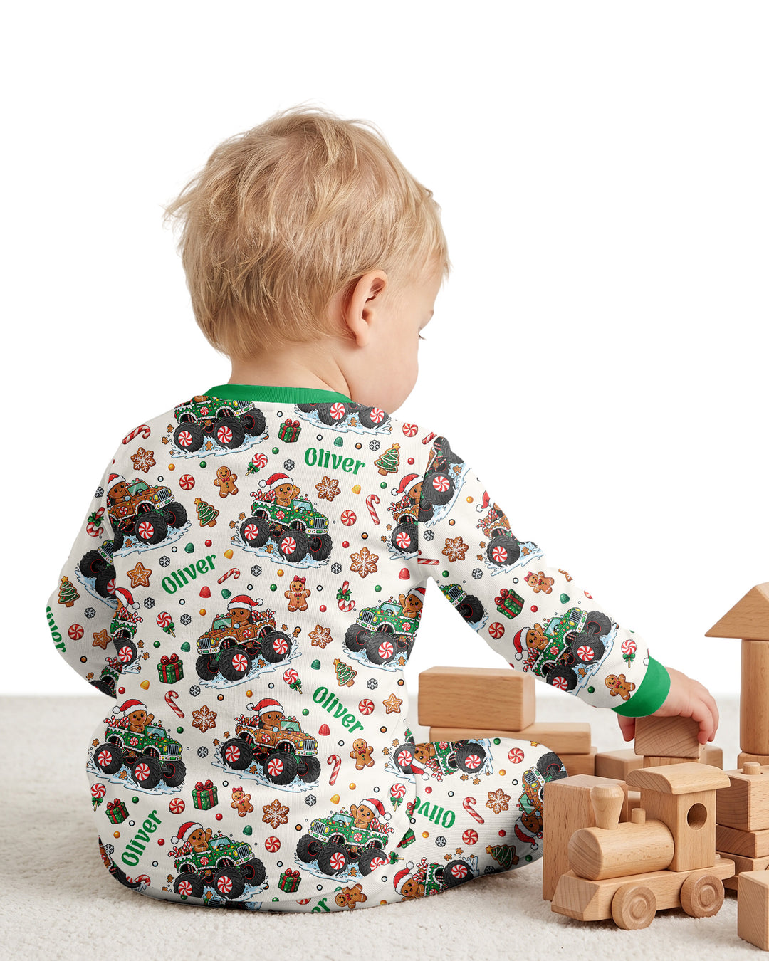 Custom Name Monster Truck Gingerbread Bamboo Two Piece Long Sleeve Pajama Set