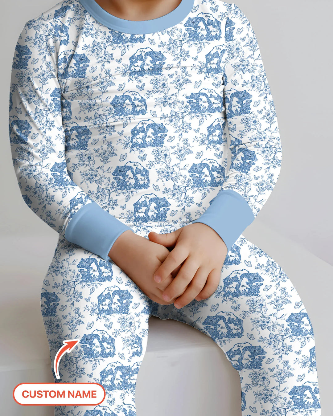 Custom Name Mama Bear Toile Bamboo Two Piece Long Sleeve Pajama Set