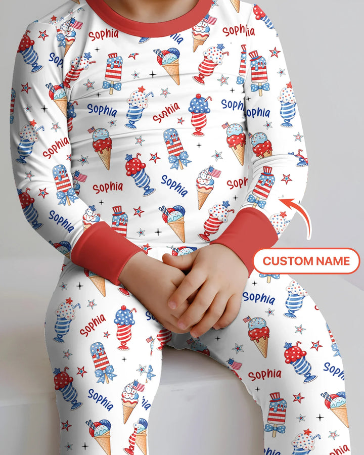 Custom Name Red, White & Ice Cream Bamboo Two Piece Long Sleeve Pajama Set