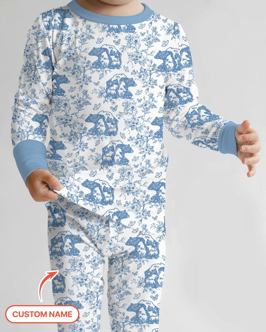 Custom Name Mama Bear Toile Bamboo Two Piece Long Sleeve Pajama Set