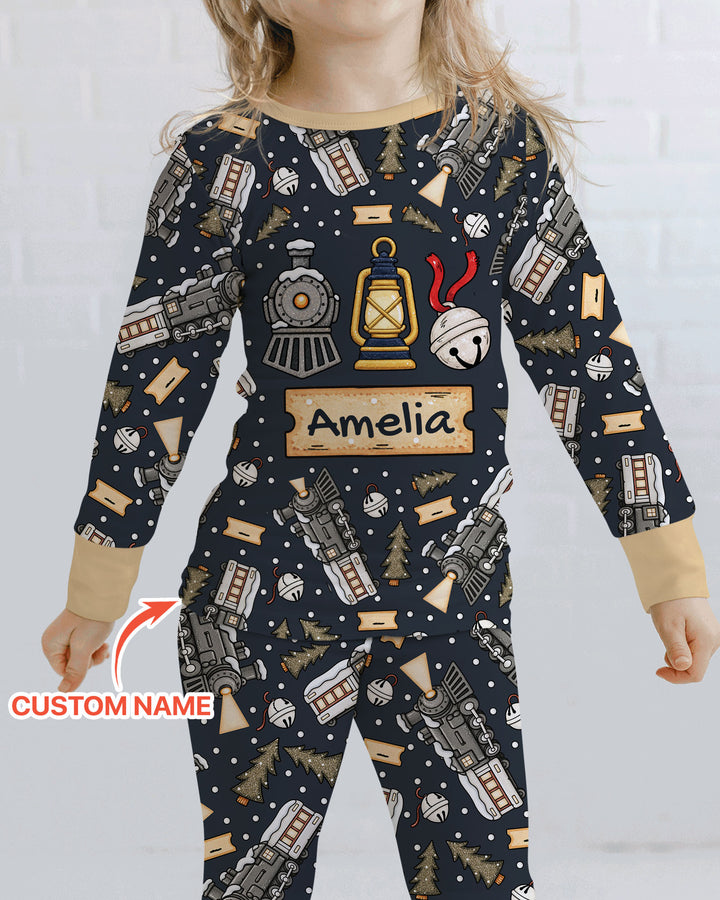 Custom Name Believe Kid Train Bamboo Two Piece Long Sleeve Pajama Set