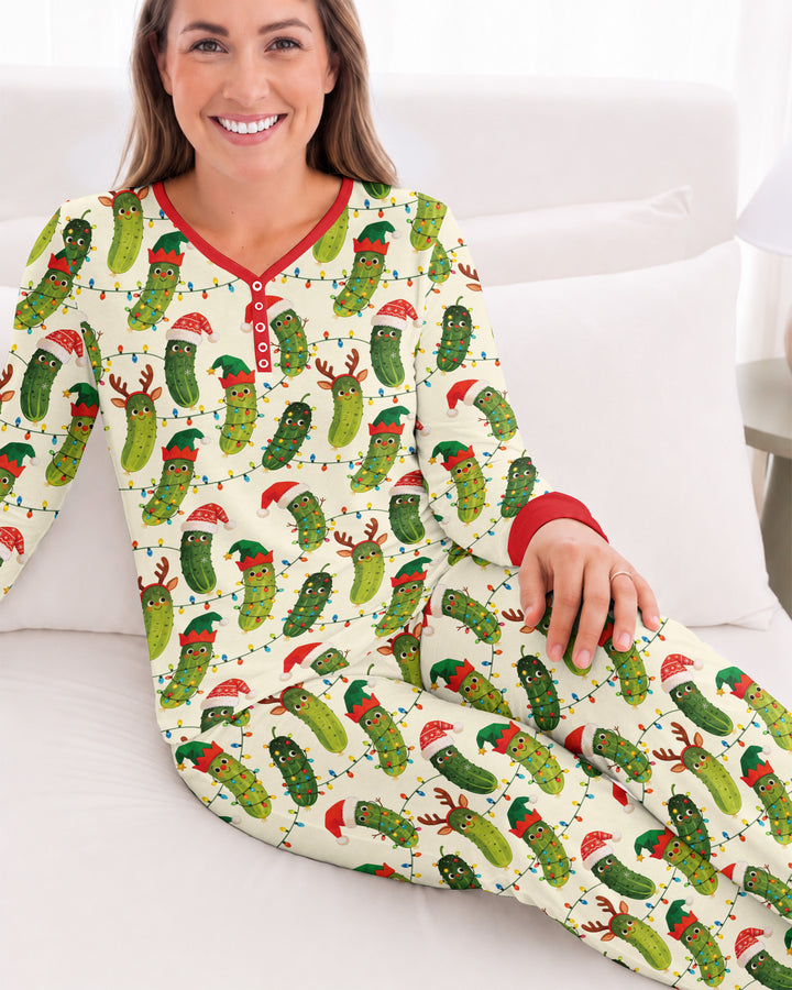 Cheerful Christmas Pickle Bamboo Women Pajama Set