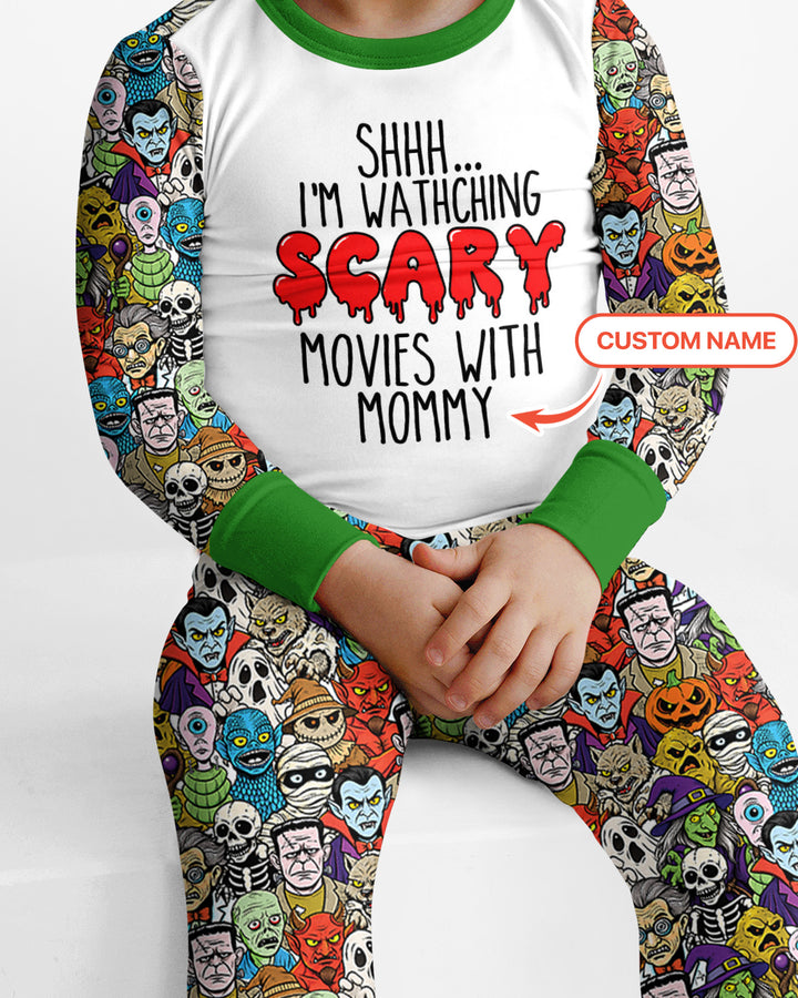 Personalized Shhh... I'm Watching Scary Movies With MOMMY Bamboo Two Piece Long Sleeve Pajama Set