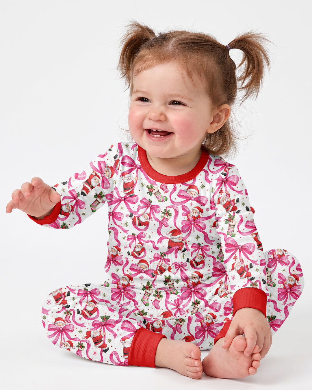 Pink Christmas Santa Bows Bamboo Two Piece Long Sleeve Pajama Set