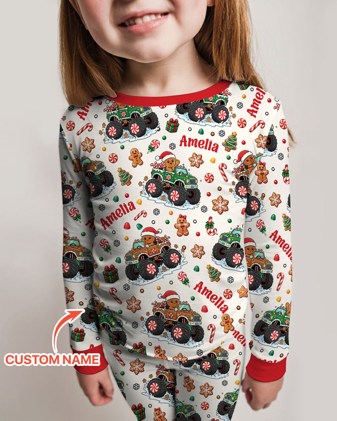 Custom Name Monster Truck Gingerbread Bamboo Two Piece Long Sleeve Pajama Set