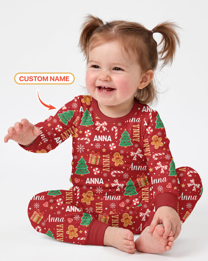 Custom Name Christmas Crew Family Matching Bamboo Two Piece Long Sleeve Pajama Set