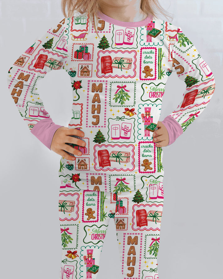Preppy Christmas Mahjong Bamboo Two Piece Long Sleeve Pajama Set