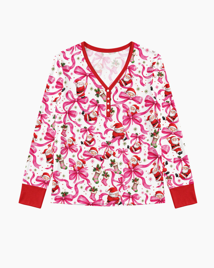Pink Christmas Santa Bows Bamboo Women Pajama Set