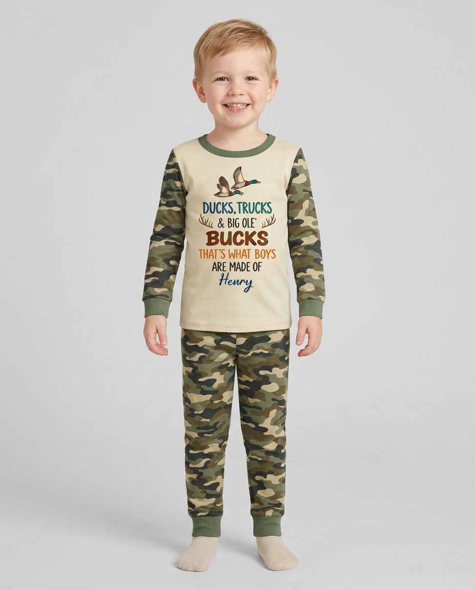 Custom Name Ducks, Trucks & Big Ole' Bucks Bamboo Two Piece Long Sleeve Pajama Set