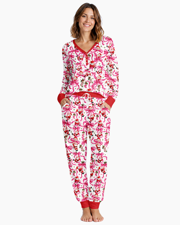 Pink Christmas Santa Bows Bamboo Women Pajama Set