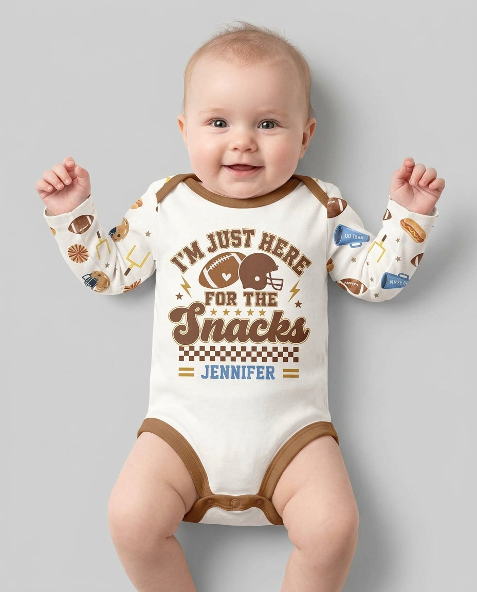 Custom Name Football I'm Just Here For The Snacks Bamboo Bodysuit