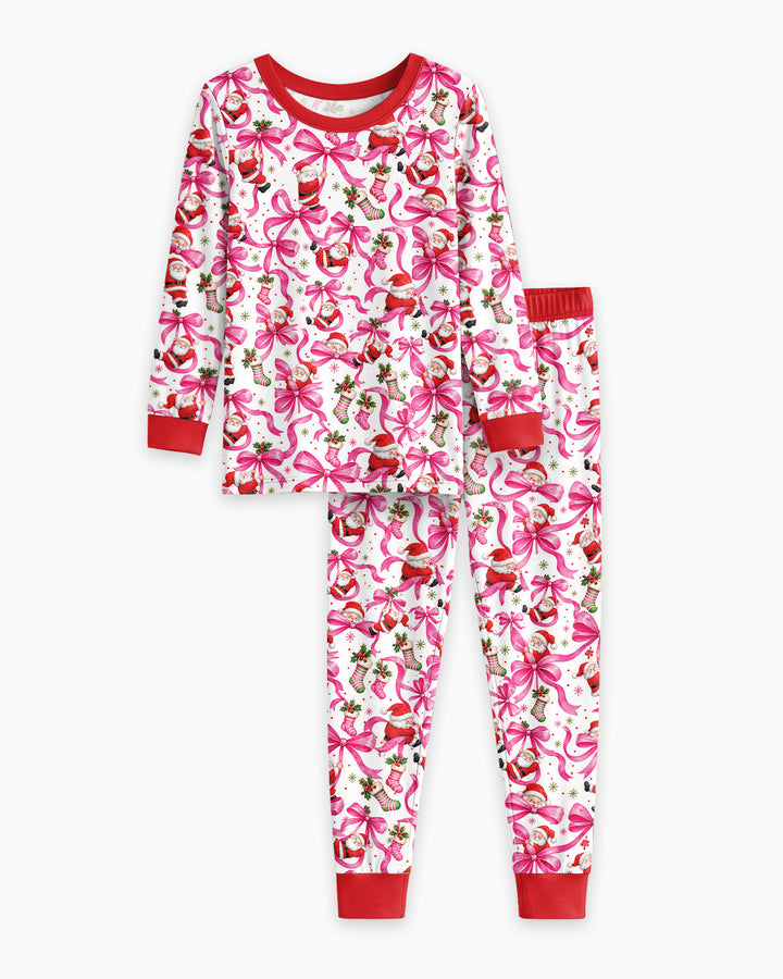 Pink Christmas Santa Bows Bamboo Two Piece Long Sleeve Pajama Set