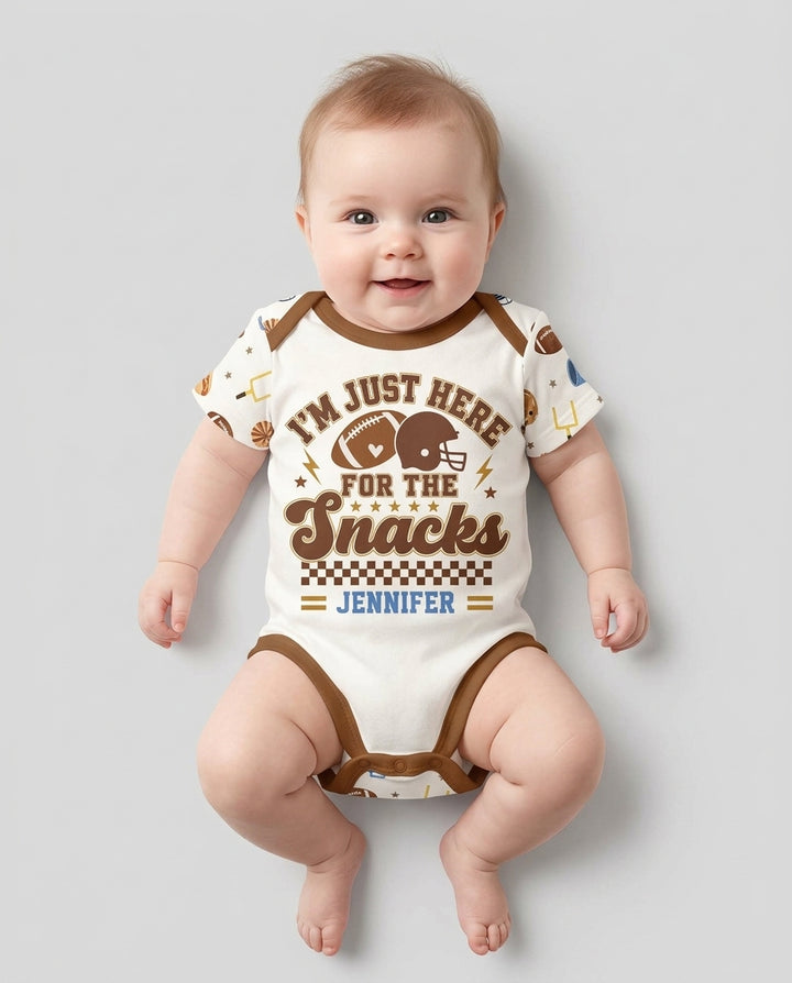 Custom Name Football I'm Just Here For The Snacks Bamboo Bodysuit