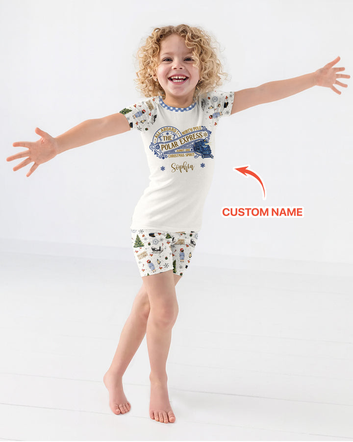 Custom Name North Pole Adventure Bamboo Two Piece Short Sleeve Shorts Pajama Set