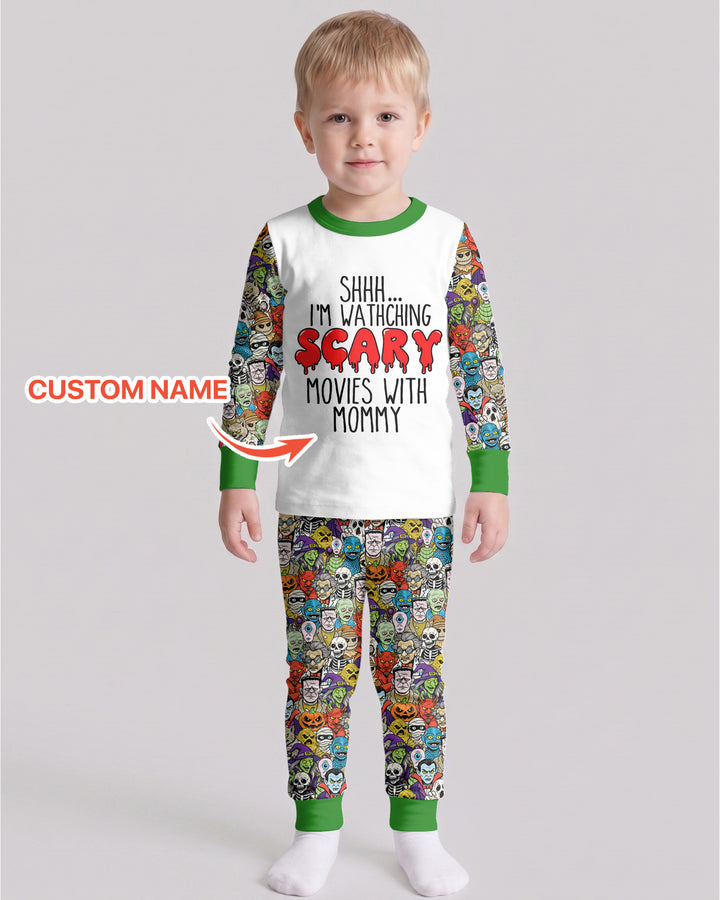 Personalized Shhh... I'm Watching Scary Movies With MOMMY Bamboo Two Piece Long Sleeve Pajama Set