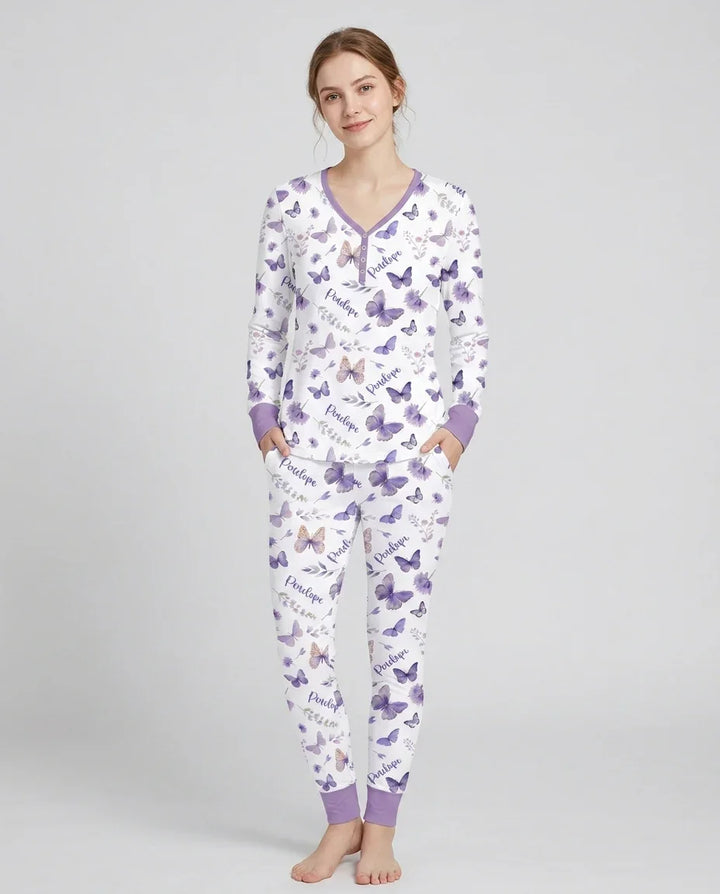 Benutzerdefinierter Name Fliederblüte Bambus Damen Pyjama-Set