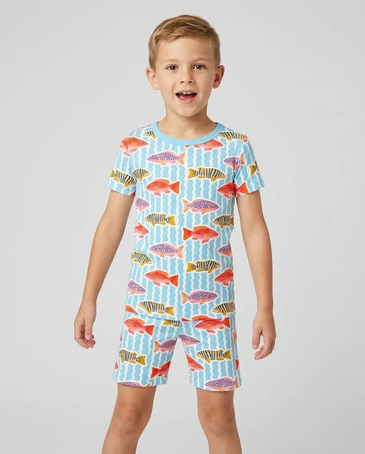 Preppy Fish Crew Bamboo Two Piece Short Sleeve Shorts Pajama Set