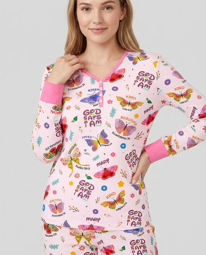 Personalisierter Name Gott sagt, ich bin ein Pyjama-Set für Damen mit Schmetterlings-Bambus