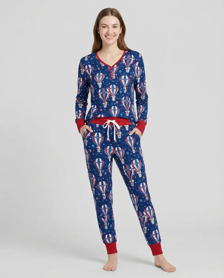 Patriotische Welpen in Heißluftballons Familien-Pyjama-Set aus Bambus für Damen