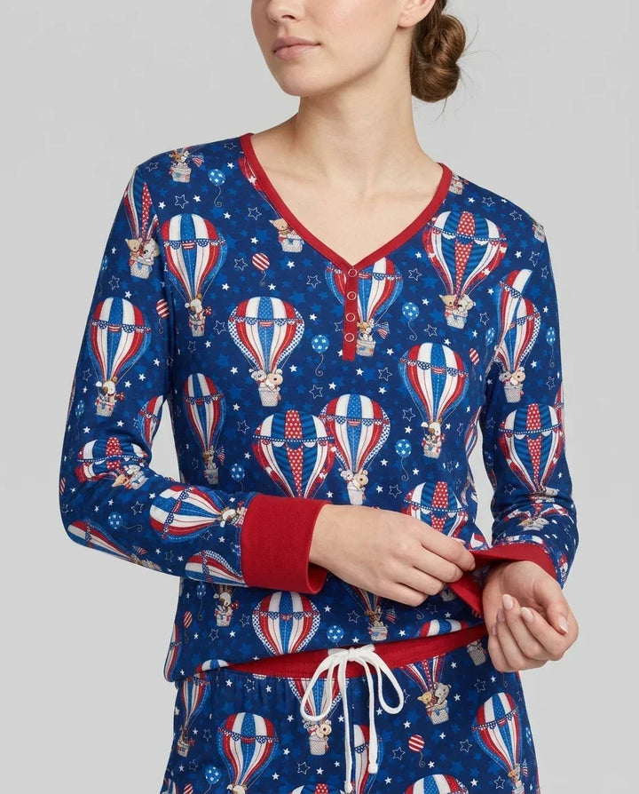 Patriotische Welpen in Heißluftballons Familien-Pyjama-Set aus Bambus für Damen