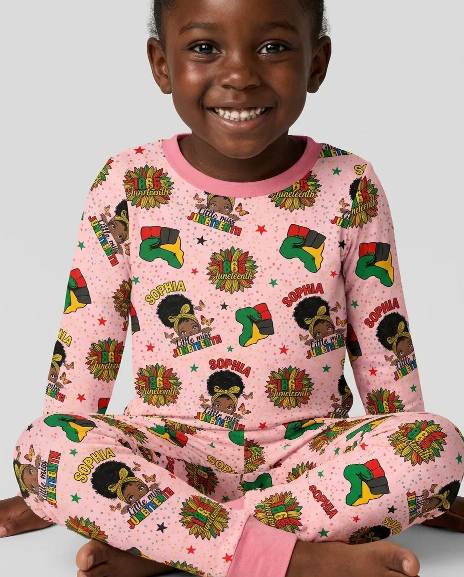 Custom Name Little Miss Juneteenth Bamboo Two Piece Long Sleeve Pajama Set