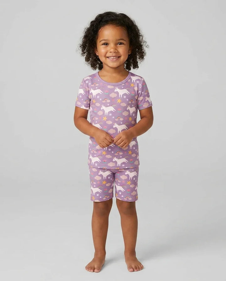 Lila Einhörner Bambus Zweiteiler Kurzarm Shorts Pyjama Set
