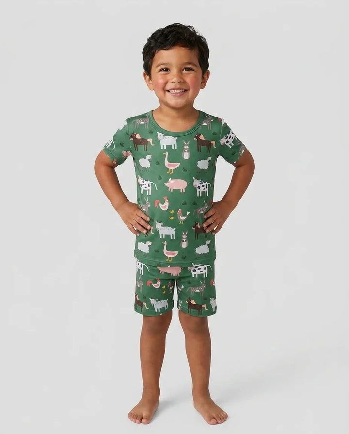 Green Farm Animals Bamboo Two Piece Short Sleeve Shorts Pajama Set