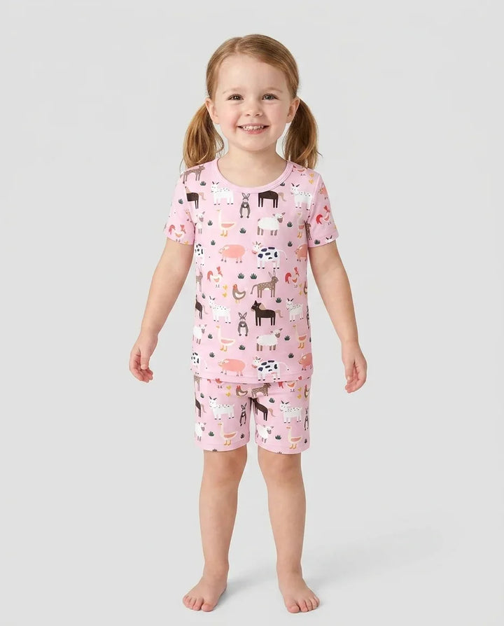 Pink Farm Animals Bamboo Two Piece Short Sleeve Shorts Pajama Set