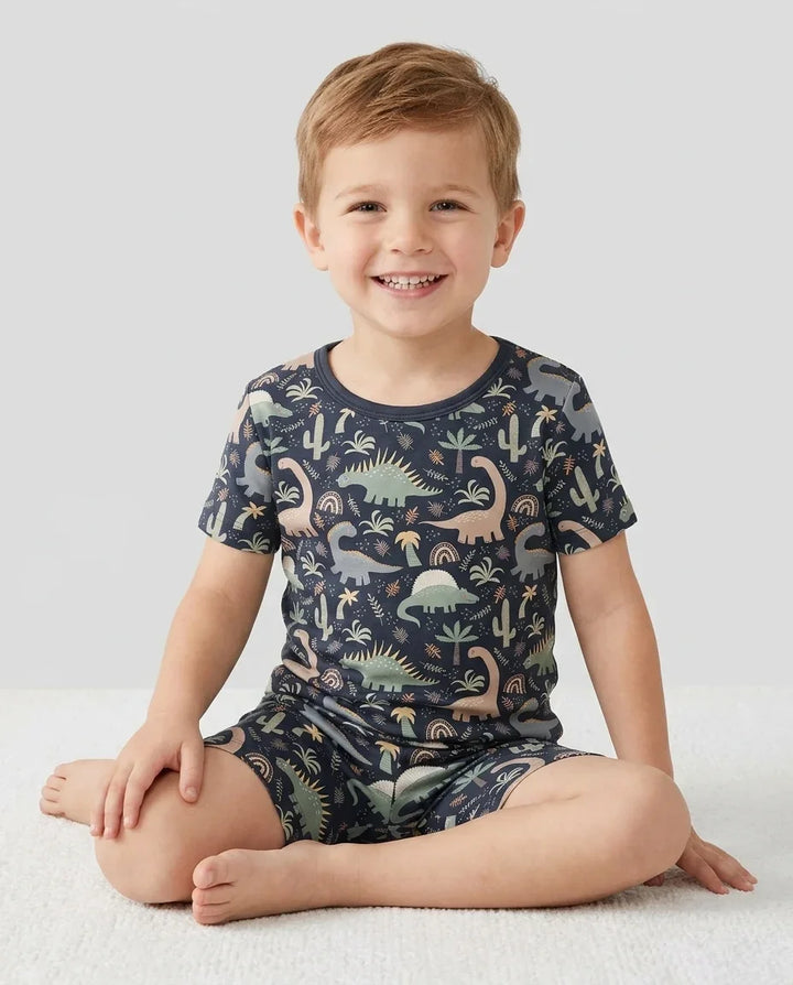 Navy Jurassic Jungle Bamboo Two Piece Short Sleeve Shorts Pajama Set