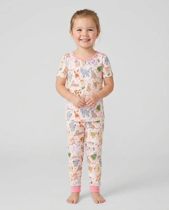 Whimsical Cat Parade Two Piece Short Sleeve Pajama Set
