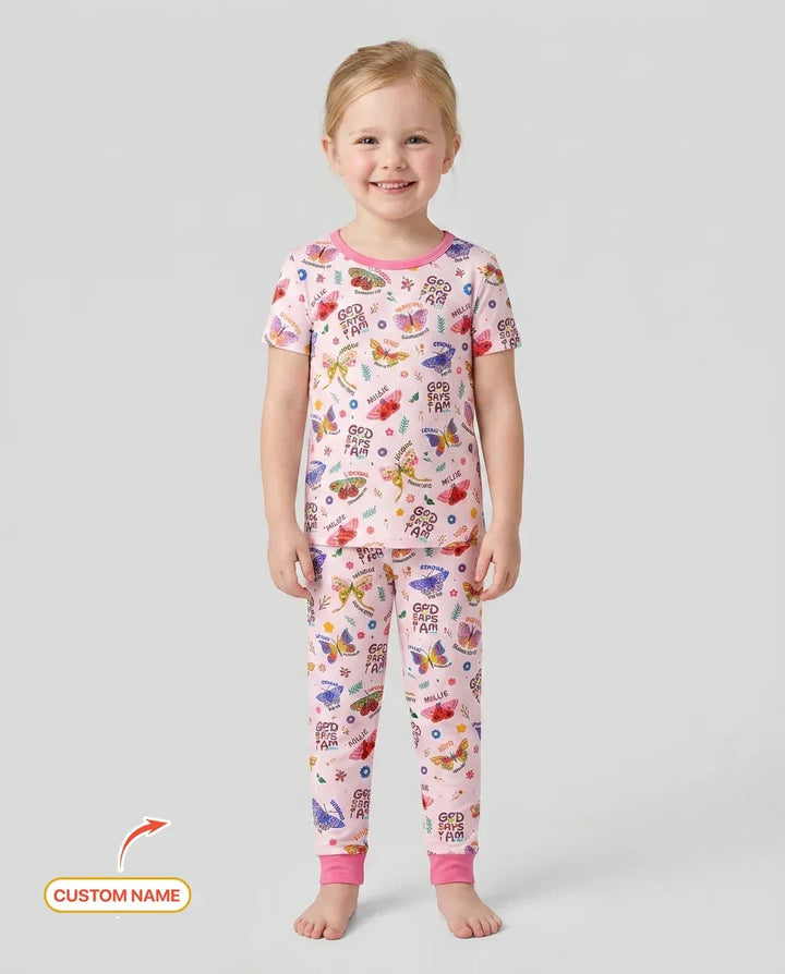 Custom Name God says I am Butterfly Bamboo Two Piece Short Sleeve Pajama Set