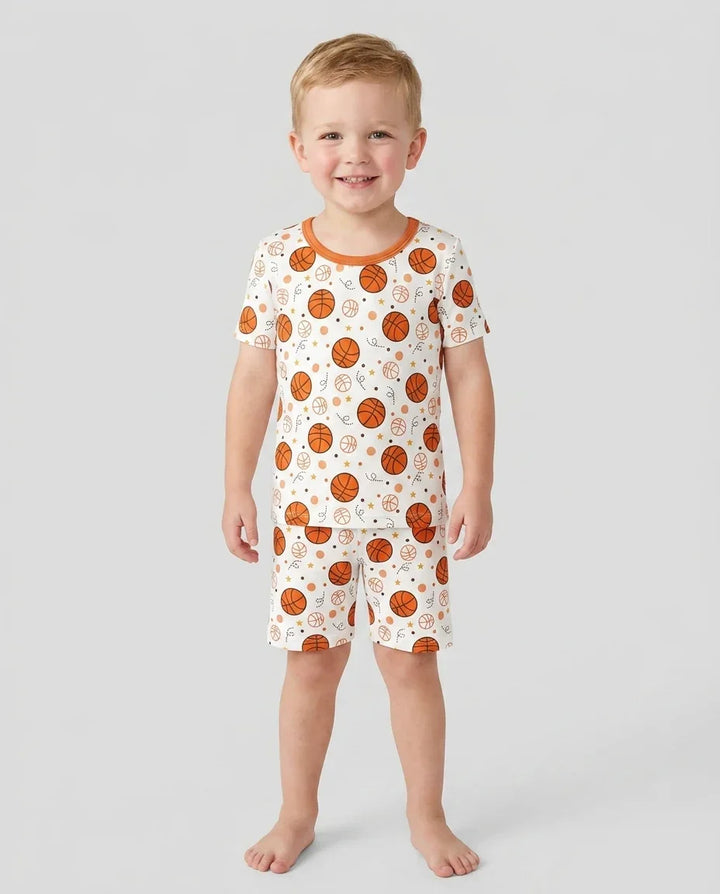 Orangefarbener Basketball-Bambus-Zweiteiler, Kurzarm-Shorts-Pyjama-Set