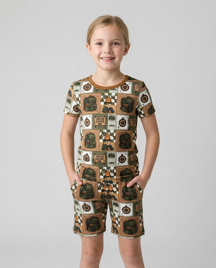 Camping Jesus Loves Me Bamboo Two Piece Short Sleeve Shorts Pajama Set