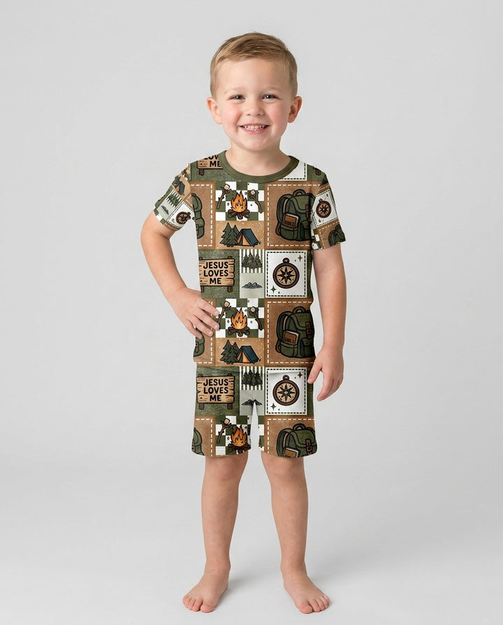 Camping Jesus Loves Me Bamboo Two Piece Short Sleeve Shorts Pajama Set