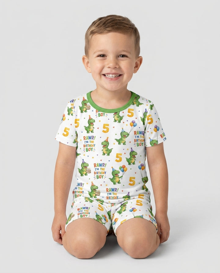 Personalized Dinosaur Birthday Boy Bamboo Two Piece Short Sleeve Shorts Pajama Set
