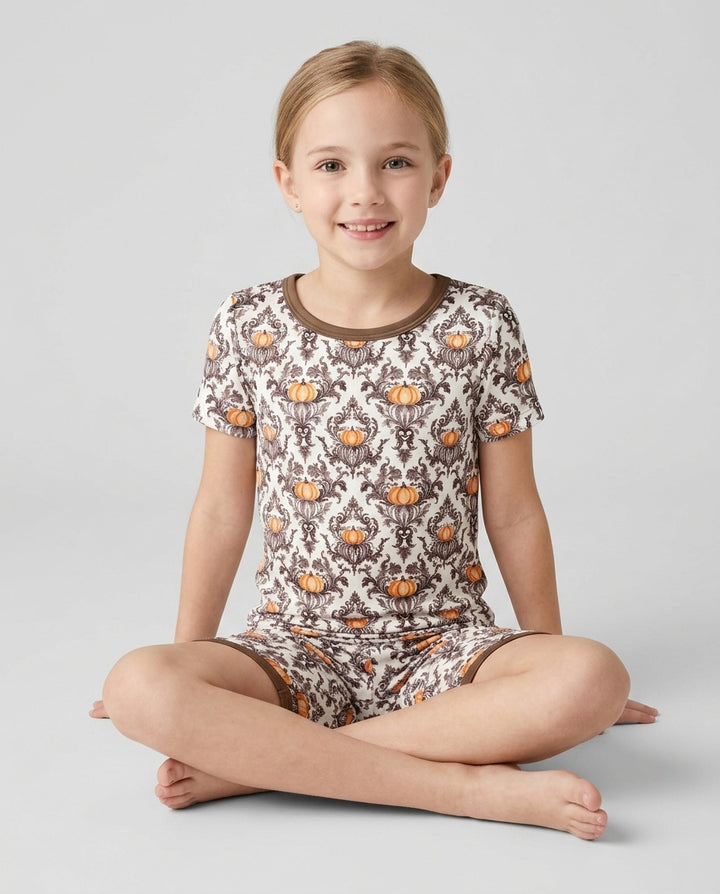 Pumpkin Toile Family Matching Bamboo Two Piece Short Sleeve Shorts Pajama Set
