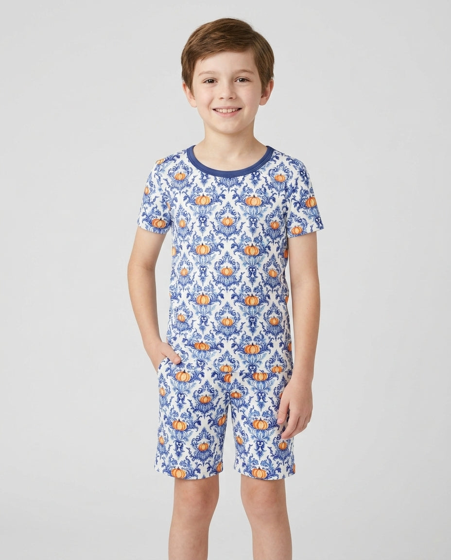 Pumpkin Toile Family Matching Bamboo Two Piece Short Sleeve Shorts Pajama Set