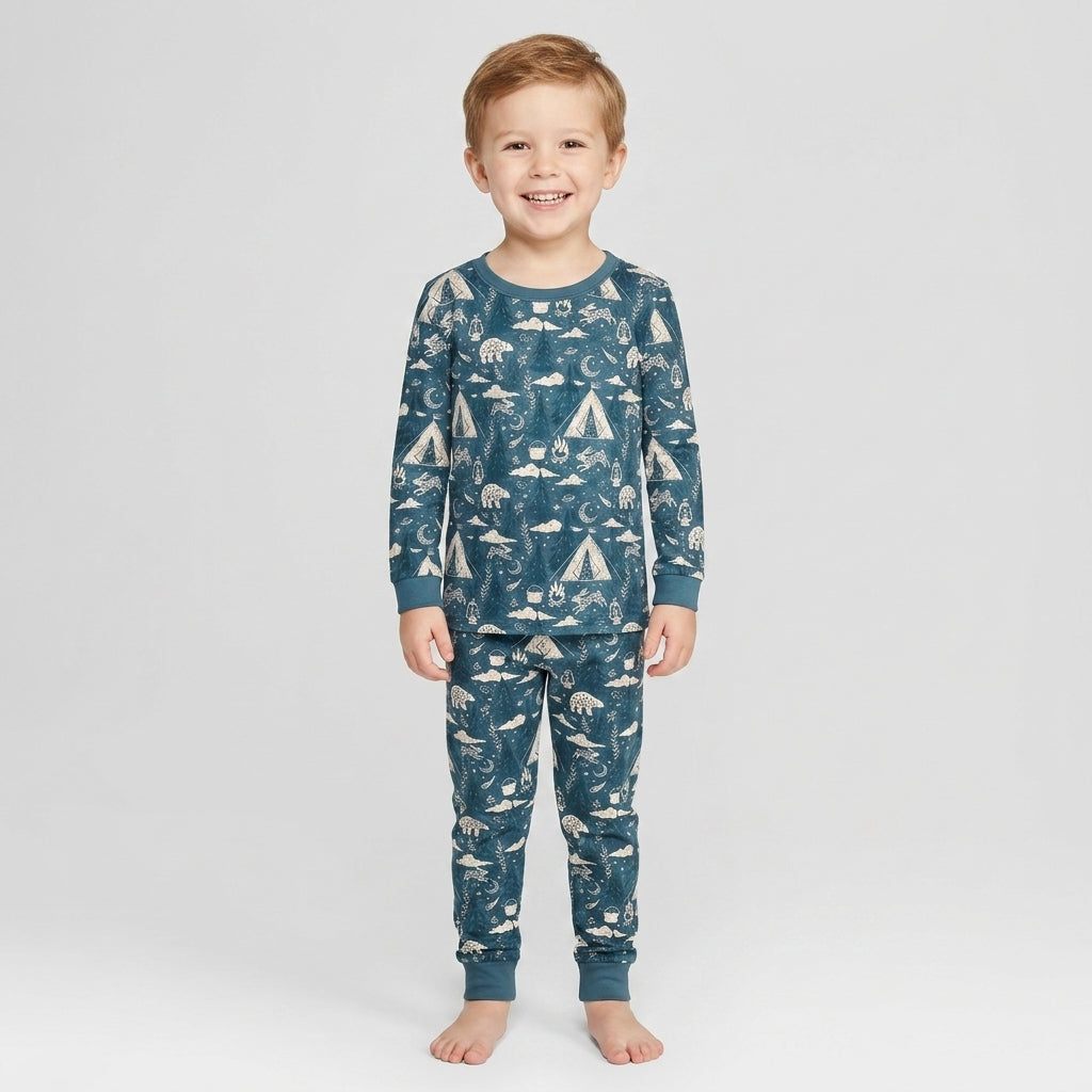 Night Camping Adventure Matching Family Bamboo Two Piece Long Sleeve Pajama Set