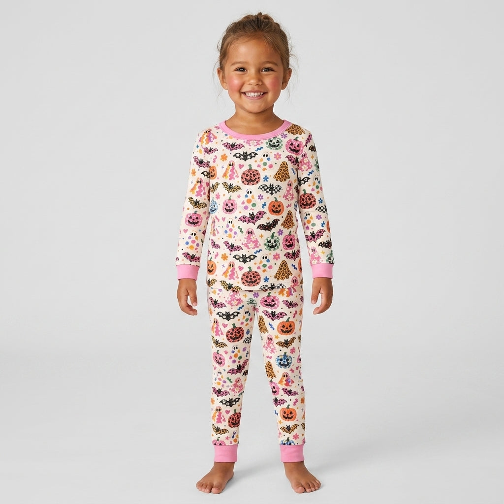 Funky Retro Ghosts Bamboo Two Piece Long Sleeve Pajama Set