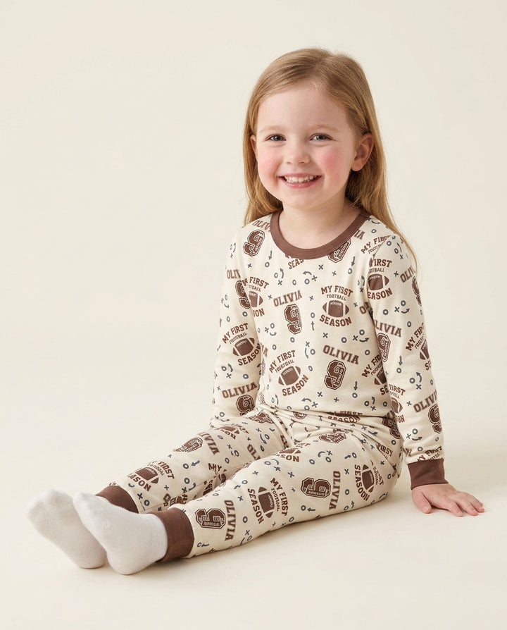 Custom Name My First Football Season Bamboo Two Piece Long Sleeve Pajama Set