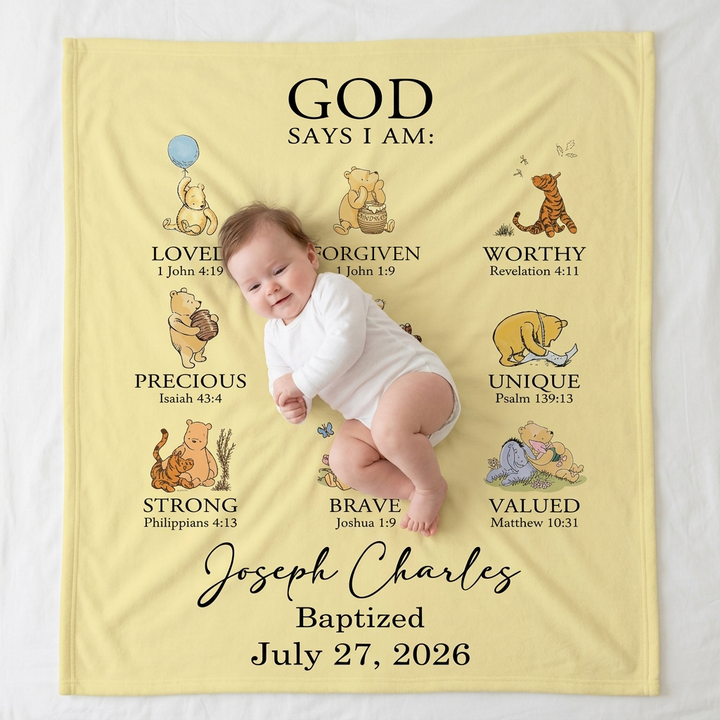 Personalized Baptism Classic Bear Bible Verses Bamboo Blanket